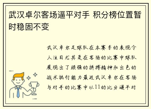 武汉卓尔客场逼平对手 积分榜位置暂时稳固不变