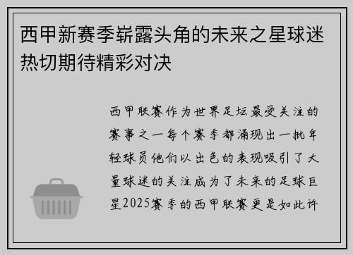 西甲新赛季崭露头角的未来之星球迷热切期待精彩对决